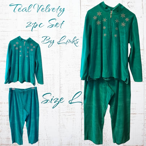 Teal Velvety 2pc Set w/ Sparkly Snowflakes by Links - Picture 1 of 10